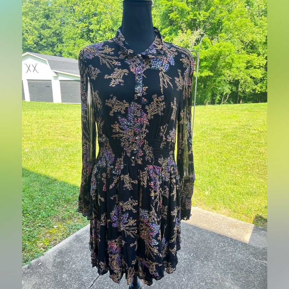 Free People Mini Dress Smocked Layered Floral Mock Neck Gothic Size M Sheer